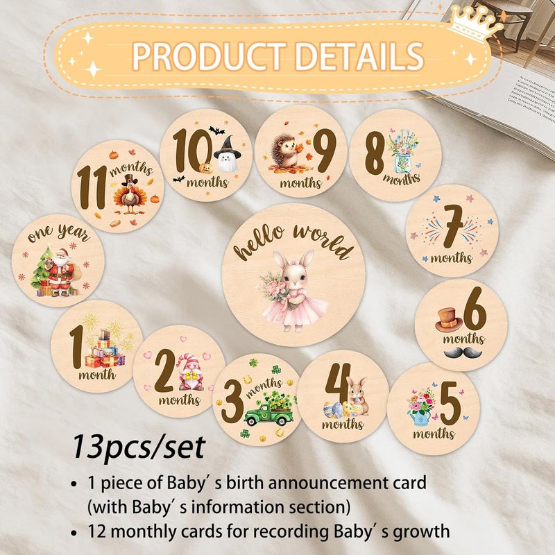 MCIAONE Baby Monthly Milestone Cards Rabbit - 13 Double Sided My First Holiday Milestone, Bunny Babies Shower Signs, Hello World Newborn Sign 1-12 Months for Photo Props, Welcome Baby Announcement Sign - Image 4